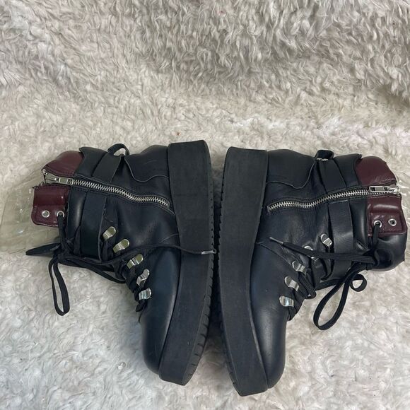 Steve Madden  Black Leather lace up wedge Boots brown trims side zipper … - Picture 3 of 14